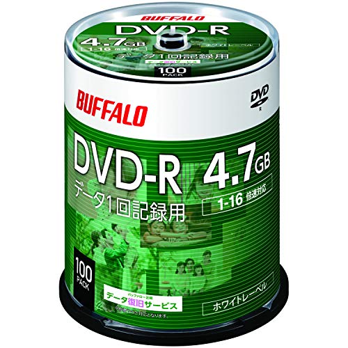 【Amazon.co.jp限定】 バッファロー データ用 DVD-R 1回記録用 4.7GB 100枚 スピンドル 片面 1-16倍速 ホワイトレーベル RO-DR47D-100PW/N