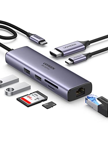 UGREEN Revodok 107 USB Cハブ 7-IN-1 USB3.0ハブ 4K@60Hz HDMI出力 100W PD急速充電 Type-Cアダプター 2*USB 3.0ポート 4K HDMI 100W Power Delivery ギガビットイーサネット LAN ポート SD/MicroSDカードリーダー Surface Dell MacBook Air M1 M2対応