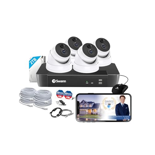 【日本正規代理店】Swann セキュリティカメラ 8CH 4K(800万画素) NVRレコーダー 2TB搭載 IP66仕様 屋外 屋内対応 赤外線暗視機能 ドーム型 防犯カメラ 4個セット SWNVK-876804D