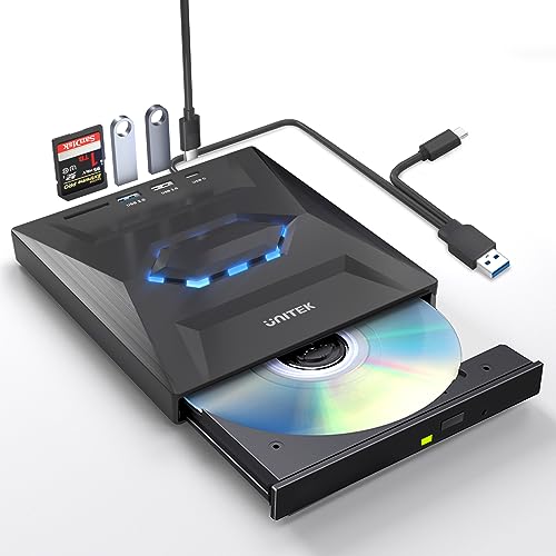 Unitek ライト点灯改良バージョン ゲーム機式 多機能 外付けCD・DVDドライブ USBハブ機能搭載 USB 3.0/Type Cポート付き ポータブルドライブ 読み込み・書き込み SDカードリーダー 【Windows 11/10/8/7・Mac Pro/Air・MacBook・Linuxなどに対応】 薄型 超高速 軽量 コンパクト 静音 焼損防止 補助電源入力ポート スリム
