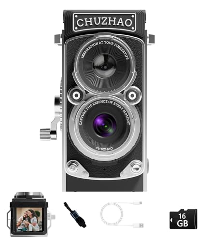 CHUZHAO ヴィンテージミニデジタルカメラ、ポータブルTLRスタイルのレトロでコンパクトな小型ポケットサイズ1080P ビデオカメラ、12MPオートフォーカス機能搭載で、初心者、ティーンエイジャー、大人向け、16GBカード、ネックストラップ、Type-C充電ケーブル、日本語取扱説明書付き